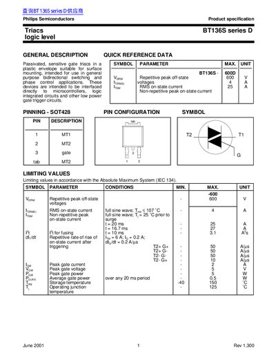 Philips BT136S Series D Logic Level Triac Datasheet - cover page