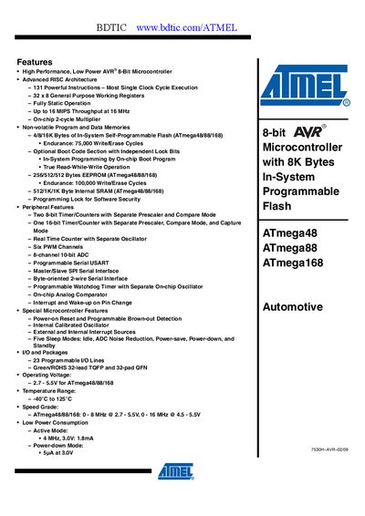 Atmel ATmega48/ATmega88/ATmega168 Automotive Manual - cover page