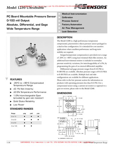 ICSENSORS Model 1230 UltraStable PC Board Mountable Pressure Sensor 0-100 mV Output Absolute Differential Gage Wide Temperature Range Manual