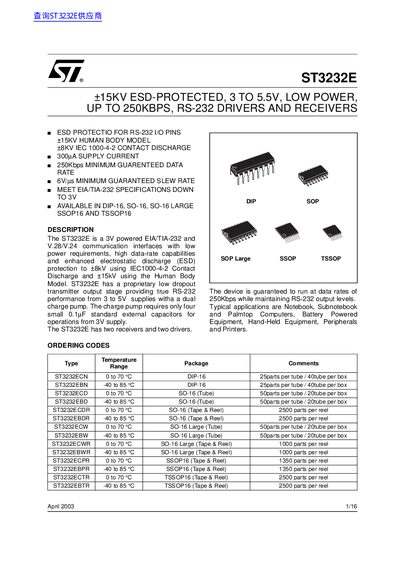 ST ST3232E Data Sheet  - cover page