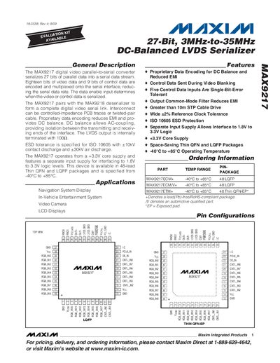 Maxim MAX9217 LVDS Serializer Datasheet - cover page