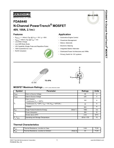 Fairchild Semiconductor FDA8440 N-Channel PowerTrench MOSFET Datasheet - cover page