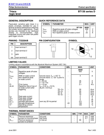 Philips Semiconductors BT136 Series D Logic Level Triac Datasheet - cover page