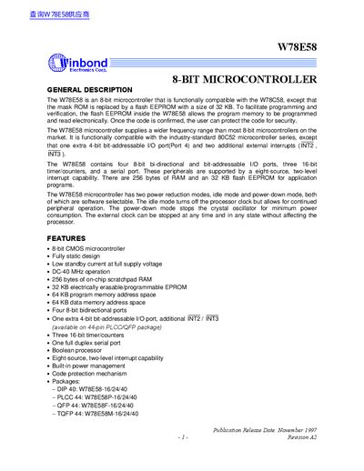 Winbond W78E58 8-Bit Microcontroller Handbook - cover page