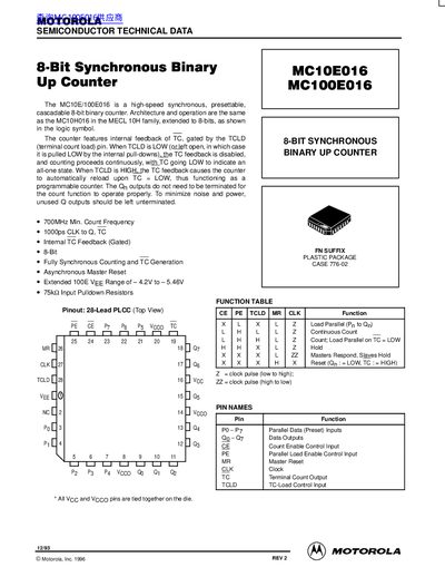 MOTOROLA MC10E016/MC100E016 handbook - cover page