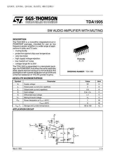 SGS-THOMSON TDA1905 Audio Amplifier Datasheet