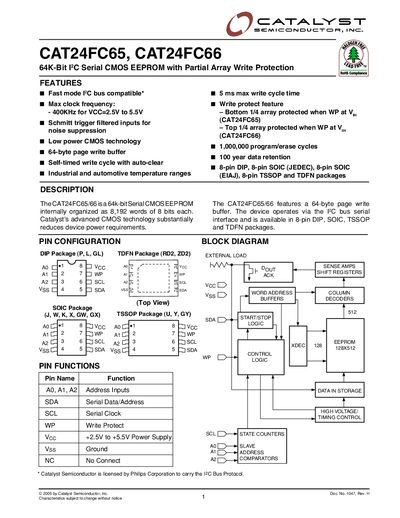 Catalyst CAT24FC65 / CAT24FC66 64K‑Bit I²C Serial CMOS EEPROM Datasheet - cover page