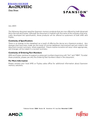 AMD Am29LV033C Data Sheet1 - cover page