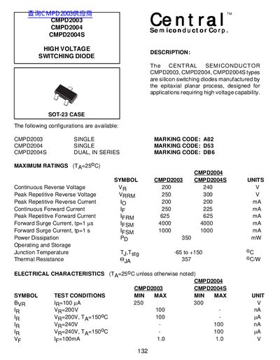 Central Semiconductor Corp. CMPD2003/CMPD2004/CMPD2004S High Voltage Switching Diode Datasheet - cover page