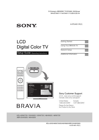 Sony BRAVIA LCD Digital Color TV Setup Guide - cover page