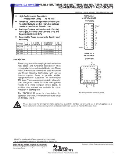 TEXAS INSTRUMENTS TIBPAL16L8-15M TIBPAL16R4-15M TIBPAL16R6-15M TIBPAL16R8-15M HIGH-PERFORMANCE IMPACT PAL CIRCUITS Data Sheet  - cover page