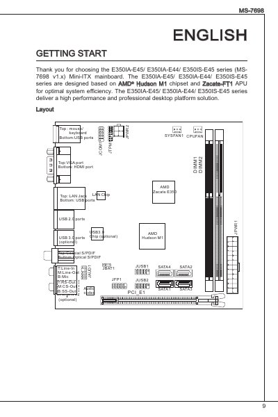 MSI E350IA-E45/E350IA-E44/E350IS-E45 Series Mini-ITX Mainboard User Manual - cover page