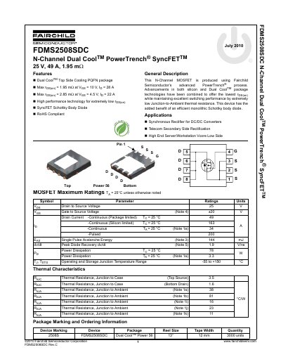 Fairchild Semiconductor FDMS2508SDC N-Channel Dual Cool PowerTrench SyncFET Datasheet - cover page