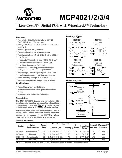 Microchip MCP4021/2/3/4 Digital Potentiometer Datasheet - cover page