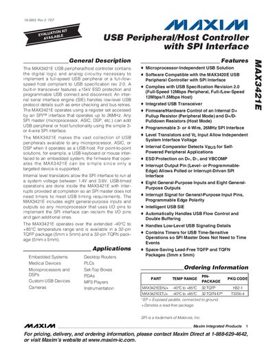 Maxim MAX3421E USB Peripheral/Host Controller with SPI Interface Datasheet