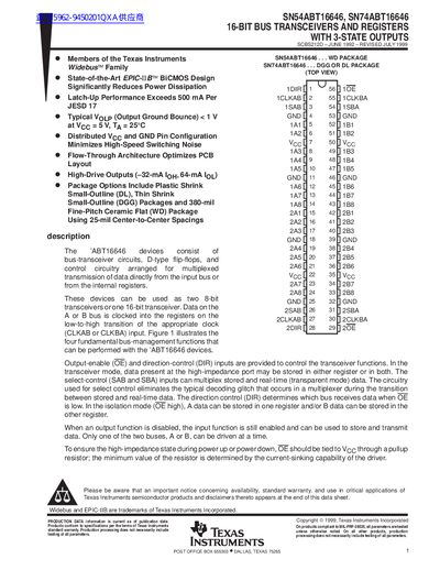 TEXAS INSTRUMENTS SN54ABT16646 SN74ABT16646 16-BIT BUS TRANSCEIVERS AND REGISTERS WITH 3-STATE OUTPUTS handbook - cover page
