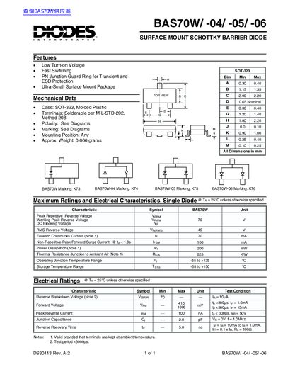 Diodes Incorporated BAS70W Series Surface Mount Schottky Barrier Diode Datasheet - cover page