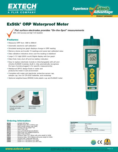 EXTECH RE300 ..................ExStik ORP Meter EX006 ..................Weighted base with 5 solution cups EX007 ..................Spare sample solution cups (24pk) CA903..................Carryi - cover page