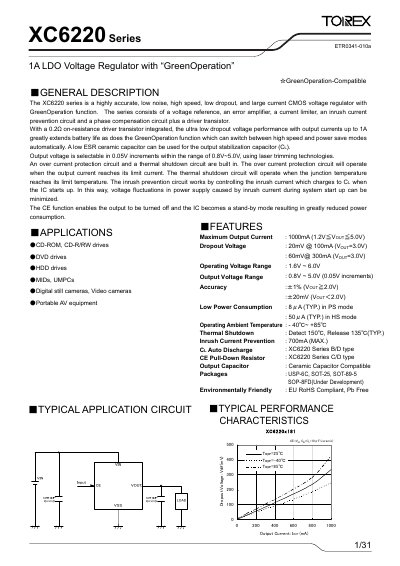 Torex XC6220 Series 1A LDO Voltage Regulator Datasheet - cover page
