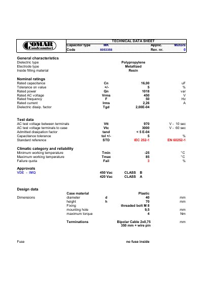 COMAR MK Capacitor Technical Data Sheet - cover page