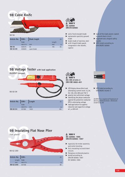 KNIPEX 98 IEC 60900 DIN EN 60900 98 56 98 98 60 04 98 IEC 60900: 1995 DIN EN 60900: 1997 98 62 200 IEC/EN 61243-3 DIN VDE 0682-401 DUSPOL compact 98 Cable Knife - cover page
