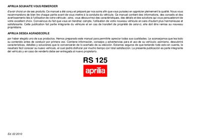 Aprilia RS 125 Euro2 F-E MY2010 User Manual