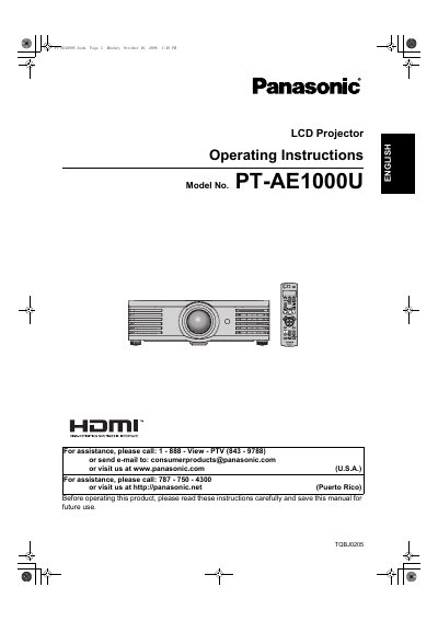 Panasonic PT-AE1000U LCD Projector Operating Instructions - cover page