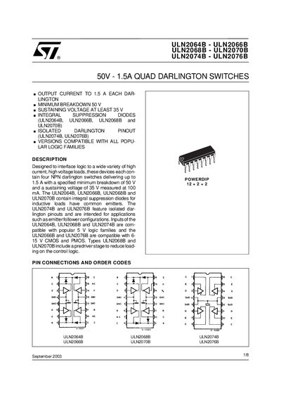 STMICROELECTRONICS - ULN2064B - ULN2066B ULN2074B - ULN2076B ULN2068B 50V - 1.5A QUAD DARLINGTON SWITCHES handbook - cover page