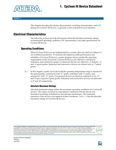 Altera Cyclone III Device Datasheet Chapter 1 - cover page