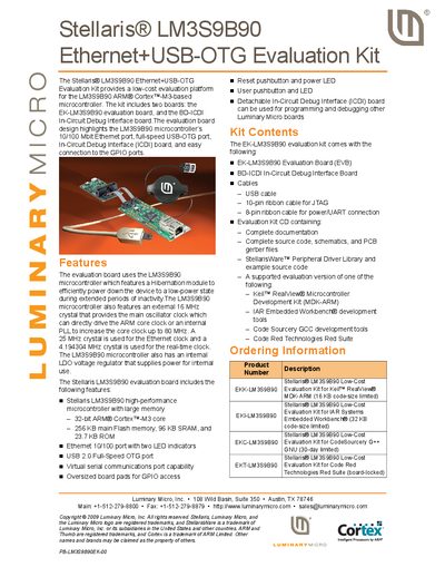 Luminary Micro LM3S9B90 Ethernet+USB-OTG Evaluation Kit Product Leaflet - cover page