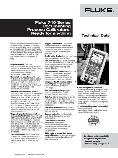 Fluke 740 Series Process Calibrator Technical Data - cover page