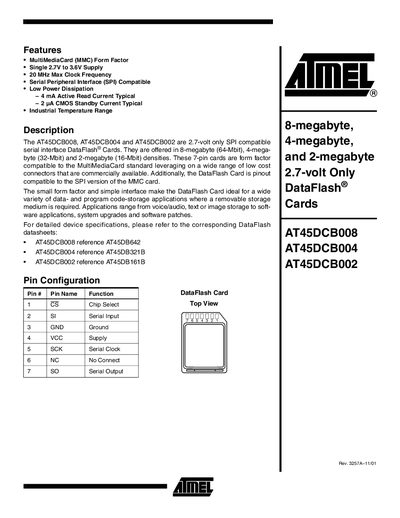 Atmel AT45DCB008 DataFlash Card Datasheet - cover page