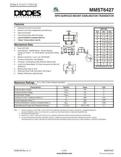 Diodes Incorporated MMST6427 NPN Darlington Transistor Datasheet - cover page