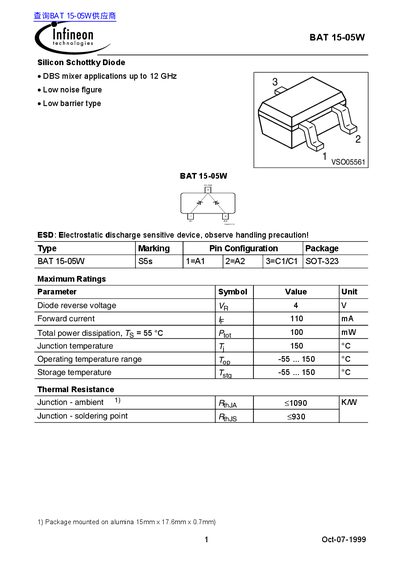 Infineon BAT 15-05W Silicon Schottky Diode Datasheet - cover page