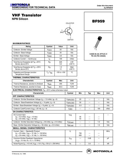 Motorola BF959/D VHF Transistor Datasheet - cover page