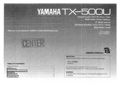 Yamaha TX-500U Stereo Tuner Owner's Manual - cover page