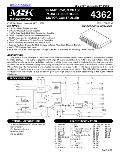 M.S. Kennedy MSK 4362 3-Phase MOSFET Brushless Motor Controller Datasheet - cover page