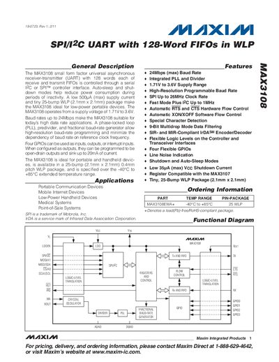 Maxim MAX3108 UART SPI/I2C Datasheet - cover page