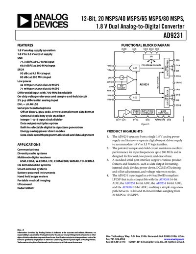 Analog Devices AD9231 12‑Bit Dual ADC Datasheet - cover page
