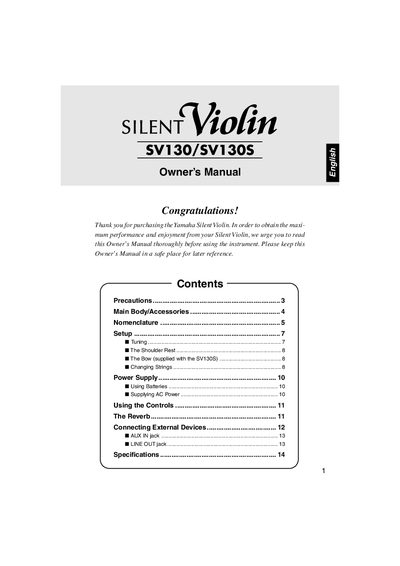 Yamaha SV130/SV130S Silent Violin Owner's Manual