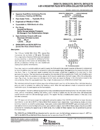 TEXAS INSTRUMENTS SN54170 SN54LS170 SN74170 SN74LS170 handbook - cover page