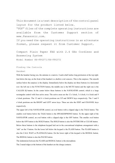 Panasonic KX-FPG371/KX-FPG372 Compact Plain Paper FAX Finding the Controls - cover page