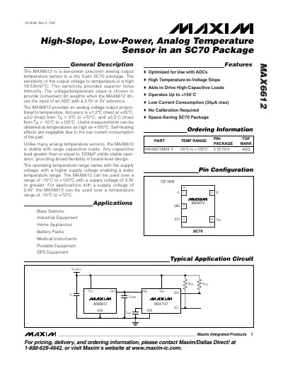 Maxim MAX6612 High-Slope Low-Power Analog Temperature Sensor Datasheet