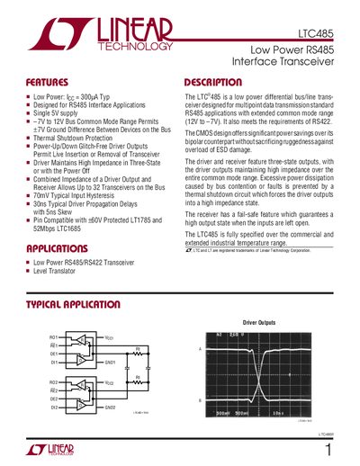 Linear Technology LTC485 Low Power RS485 Interface Transceiver Datasheet - cover page