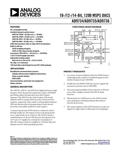 Analog Devices AD9734 10‑Bit DAC Datasheet - cover page