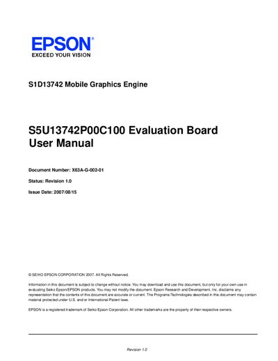 EPSON S1D13742 Mobile Graphics Engine S5U13742P00C100 Evaluation Board User Manual - cover page