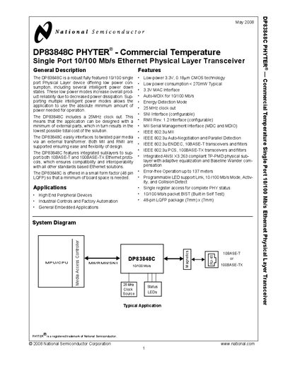 National Semiconductor DP83848C Ethernet PHY Datasheet - cover page