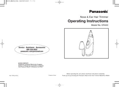 Panasonic ER430 Nose & Ear Hair Trimmer Operating Instructions - cover page