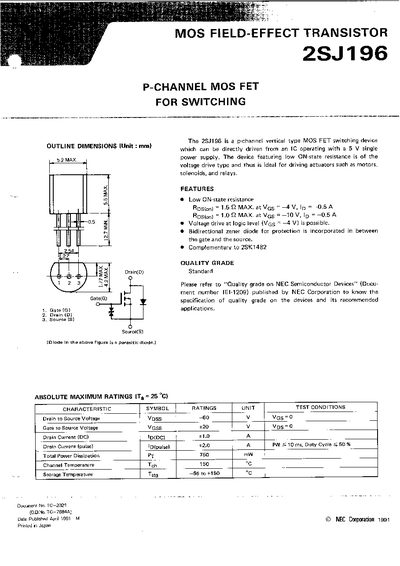 NEC 2SJ196 P-Channel MOS FET Datasheet - cover page