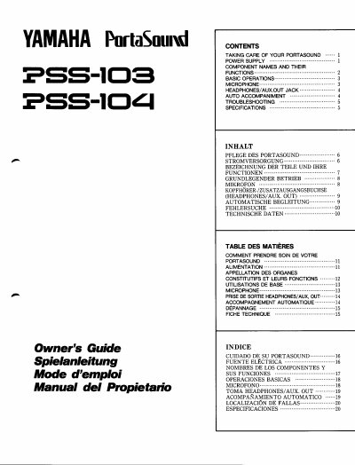 Yamaha PSS-103/104 PortaSound Owner's Guide - cover page